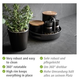 WENKO Susie Rotating Tray 360° Rotatable and Edged with Practical Handles for Safe Carrying Made of Powder-Coated Metal (W x D x H): Diameter 26 x 6 cm Black