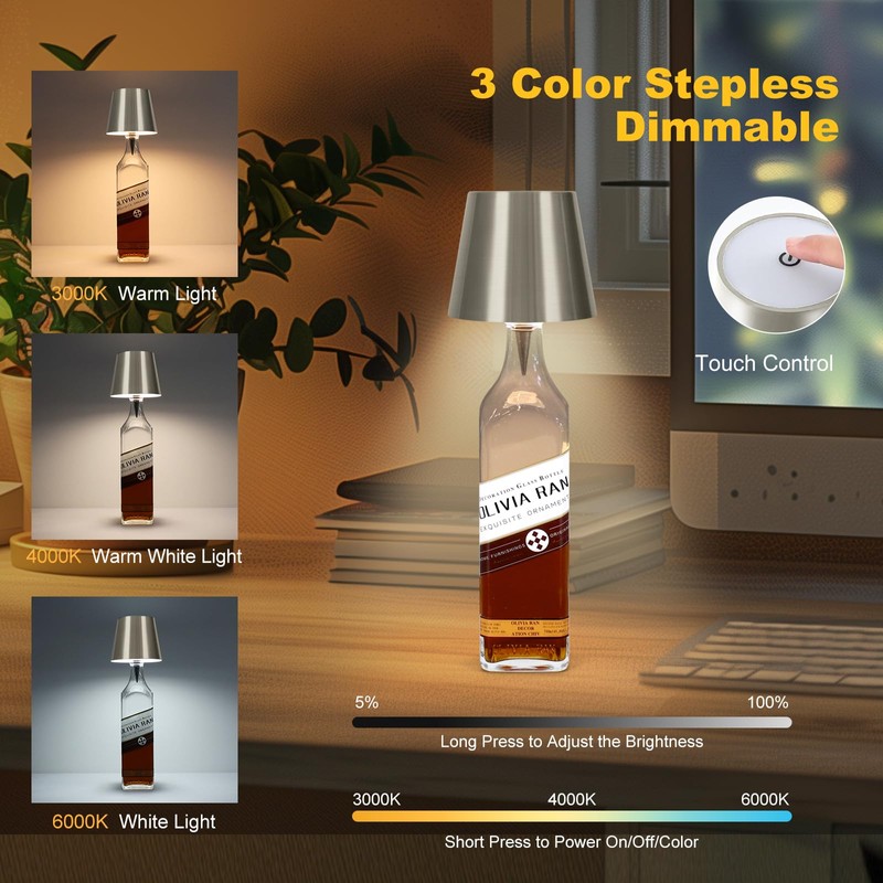 Wireless Bottle Lamp, 2024 New 3 Color Rechargeable Wine Bottle