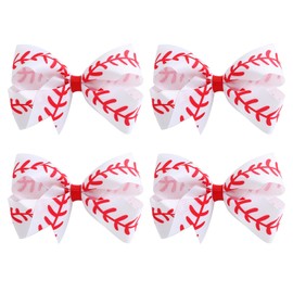 4PCS Baseball Hair Bow Clips for Girls Women 4 Inch White Ribbon Cheer Hair Accessories Party Gift