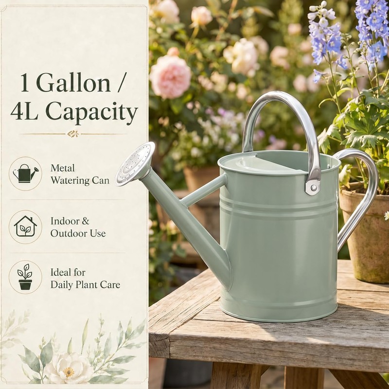 1 Gallon Metal Watering Can for Indoor Outdoor Plants, Cream