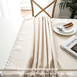 DriftAway Pom Pom Tassel Rectangle Linen Textured Decorative Table Cloth for Indoor Outdoor Dining Buffet Table Parities Dinner 55 Inch by 55 Inch Beige