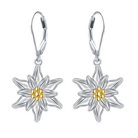Edelweiss Earrings for Women Sterling Silver Edelweiss Flower Leverback Earrings Floral Earrings Dangle Drop Oktoberfest Jewelry Christmas Gifts, Sterling Silver, No Gemstone