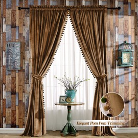 Melodieux Pom Poms Velvet Blackout Curtains for Bedroom Living Room, Vintage Luxury Thermal Insulated Rod Pocket Lined Drapes, 52" W x 84" L, Golden Brown (2 Panels)