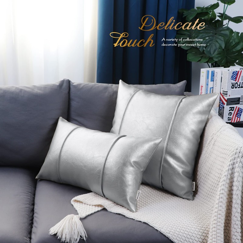 BRAWARM Silver Leather Throw Pillow Covers 18 X 18 Inches