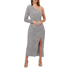 VERWIN Women's Sequins Dress One Shoulder Bodycon Oblique Collar Maxi Dress Sparkly Spilt Wrap Cocktail Dress M Gray