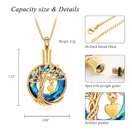 QGJNSGC Urn Necklace for Ashes Tree of Life Cremation Jewelry Ring Stainless Steel Heart Memorial BirthStone Keepsake Urn Ash Pendant for Men Women Gifts, Stainless Steel, Cubic Zirconia, Gold-Blue