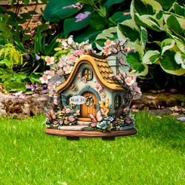 WGKOMEGE Rural Houses Garden Stake Decor, Acrylic 2D Flat Flower Statue, Fairy Sculptures Ornament Indoor Outdoor Yard Lawn Pot Plant Decorative (Yellow-Flower House)