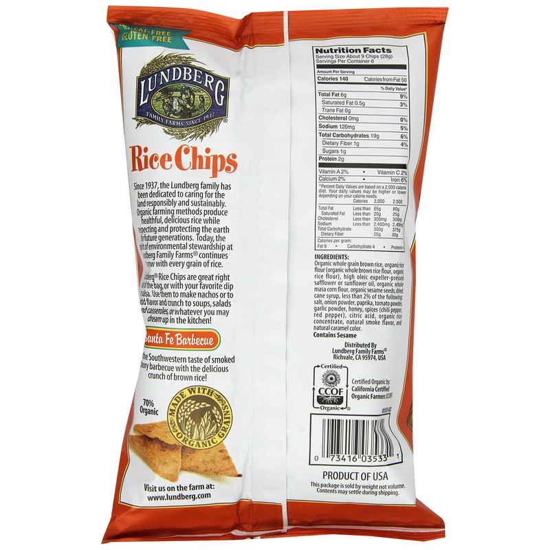 Lundberg Family Farms Rice Chips, Santa Fe Barbeque, 6 Ounce