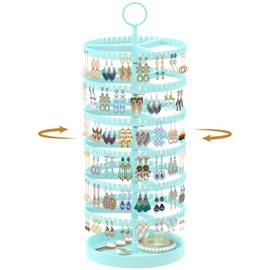 MODOWEY Rotating Earring Holder Organizer Display Tree with Metal Tray, Adjustable Plastic Stand with 342 Slots for Stud Hoop Hanger, Large Capacity Storage Rack for Women Space-Saving(6 Tier, Blue)