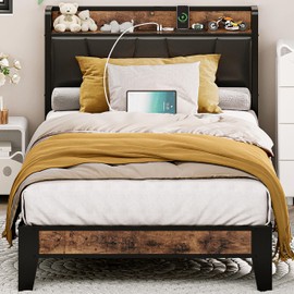 LIKIMIO Twin Bed Frame, Storage Headboard with Charging Station, Solid and Stable, Noise Free, No Box Spring Needed, Easy Assembly (Vintage and Black)