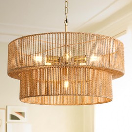 6-Light Boho Rattan Chandelier, 23.6" Rattan Pendant Light Fixture with 2-Tier Hand-Woven Shade, Farmhouse Chandelier Ceiling Light Fixture for Dining Room, Living Room, Bedroom, Kitchen Island, Foyer