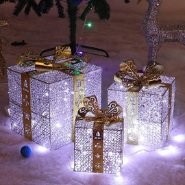 Set of 3 Christmas Lighted Gift Boxes Decorations LED Light up Xmas Present Boxes with Bow Christmas Lighting Present Package Ornament for Outdoor Indoor Christmas Tree Yard Home Decor (Purple)