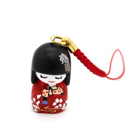 Japanese Traditional Netsuke Charm for Bag etc with Japanese Mai Kokeshi Doll (Red)