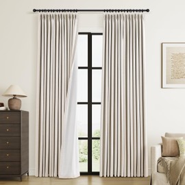 Pinch Pleated 100% Blackout Linen Curtains 84 Inch Length 2 Panel Sets for Bedroom Living Room Natural Cream Thermal Insulated Black Out Curtains with Hooks Rings Back Tab Darkening Soundproof Drapes