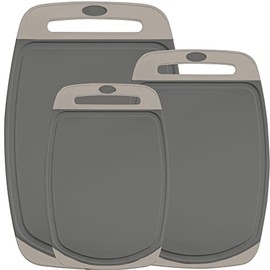 Gorilla Grip Reversible, Oversized, Thick Cutting Board Set of 3, Grip Handle, Deep Juice Grooves, Slip Resistant, Large Kitchen Chopping Boards for Meat, Veggies, Fruits, Dishwasher Safe, Almond Gray