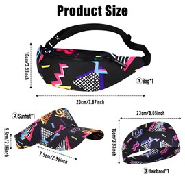 3 Pcs 80s 90s Fanny Pack Outfits Sun Visor Hat Fashion Adjustable Waist Bag Headband for Men Women Classic Accessories