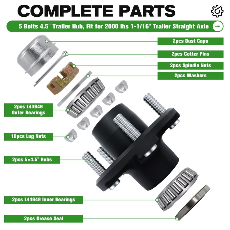 2 Sets 5 on 4.5" Trailer Hub Kit, 2,000 lb