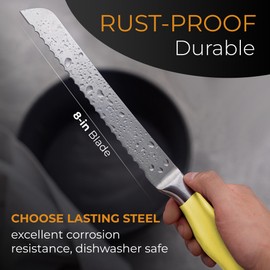 Orblue Serrated Bread Knife Ultra-Sharp Stainless Steel Professional Grade Bread Cutter - Cuts Thick Loaves Effortlessly - (8-Inch Blade with 5-Inch Handle), Yellow