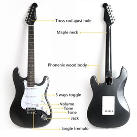 Demusea DST-30 Full Size Electric Guitar Beginner Starter Practice With Gig bag And Strap (DST-30, Metallic Black)