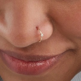 JewelMore Diamond Nose Ring Hoop - 14K White Gold or Yellow Gold (Yellow Gold)