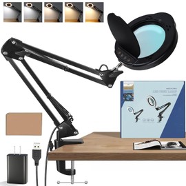 15X Magnifying Glass with Light, Real Glass Lens, 84 LEDs, 5 Color Modes, 10 Brightness Dimmable, Adjustable Swing Arm with Clamp, Hands-Free Magnifier for Reading, Crafts, Repair, Sewing, Close Work