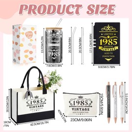 Supervitae 7 Pcs 30th 40th 50th 60th Birthday Gifts Canvas Tote Bag for Women Decorations Beach Tote & Makeup Bag for Her(1985)