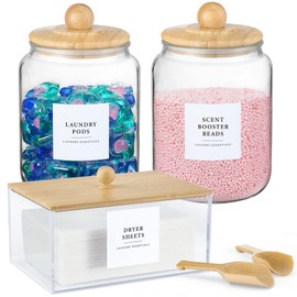 Glass Jars and Dryer Sheet Holder with Bamboo Lids, Dispenser Set and Labels, Containers for Laundry Room Organization and Storage, Half Gallon Airtight jars, Acrylic Storage Box for Laundry supplies