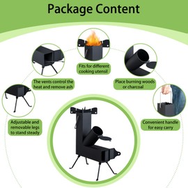 Camping Rocket Stove, 9.44"D x 17"W x 22"H, Portable Design, Higher Fuel Efficiency, Alloy Steel