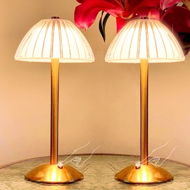 Portable Mushroom LED Table Lamp Set of 2 with Touch Sensor - 3 Color Dimmable Adjustable Brightness, Rechargeable Gold Cordless Lamp, Battery Powered Desk Lamp for End Table, Living Room, Bedroom