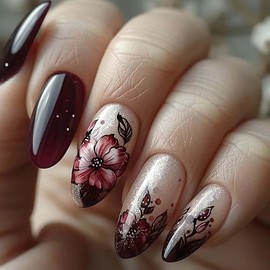 QQPPOLIU Almond Medium Press on Nails Dark Red,Flower Designs Glue on Fake Acrylic Nails Kit for Women and Girls
