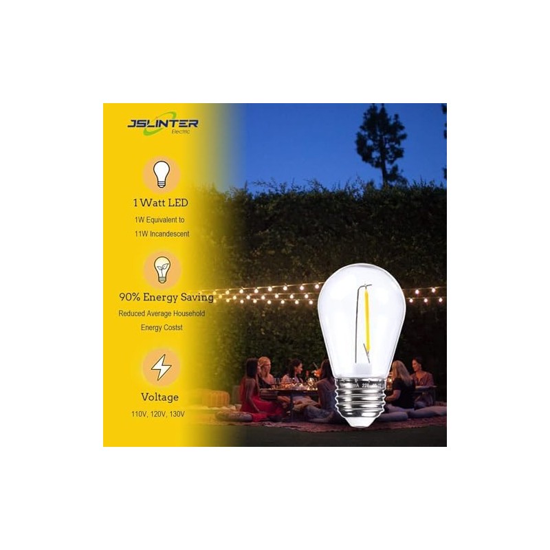 Jslinter S14 LED Bulbs, 50-Pack, 1W Energy-Efficient Outdoor String Lights,