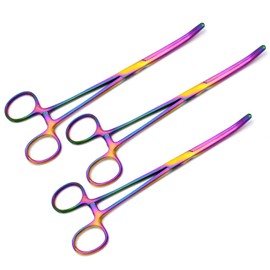 MuskalMed Set of 3 8" Long Multi Rainbow Color Curved Hemostat Forceps - Stainless Steel Locking Tweezer Clamps - Ideal Hemostats for Nurses, Fishing Forceps, Crafts and Hobby,
