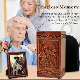 Wooden Urn for Ashes Adult Male Female,Decorative Burial Funeral Memorial Urn, Burial Casket Keepsake with Velvet Bag (Brown, 10, Hummingbird)