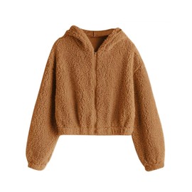 ZAFUL Women's Hooded Zip Up Faux Shearling Fluffy Teddy Jacket Coat (1-Caramel, Medium)