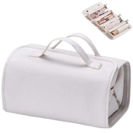 QiFind Travel Toiletry Makeup Bag PU Leather 4 Clear Detachable, Roll up Hanging Makeup Bag Leather, Multi Compartment Leather Waterproof Foldable Elegant Cosmetic Bag Detachable, White