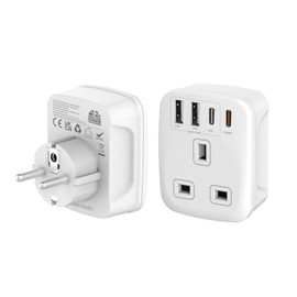 Double Dragon Double Dragon 20W Fast Charging 5-in-1 UK to EU Travel Adapter | 2 USB-A & 2 USB-C Ports | Converts UK 3 PIN Plug to European 2 PIN Plug in Spain, France, Portugal, Germany, Greece, Italy, Sweden, etc