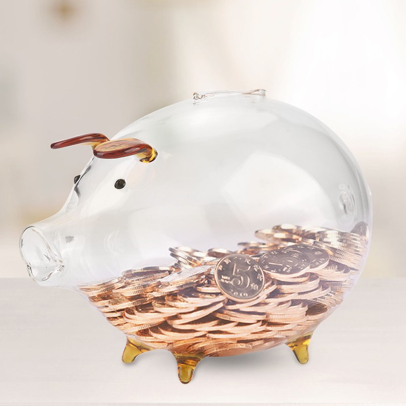Transparent Glass Pig Coin Saver Bank Piggy Money Saving Box