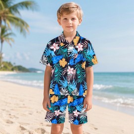 Xumplo Boys Hawaiian Outfits Kids Button Down Shirt and Shorts Set Children Leaf Floral Print Hawaiian Summer Suit 10-11 Years