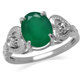 Silvershake Genuine Gemstone 925 Sterling Silver Heart Victorian Style Right Hand Ring Jewelry for Women, Sterling Silver, genuine emerald green agate