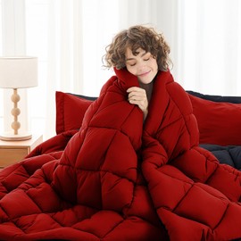 MUXHOMO 7 Pieces Full Comforter Set, Reversible Bed in a Bag Full Size, All Season Bedding Set with Comforter, Flat Sheet, Fitted Sheet, Pillowcases & Shams, Red & Black