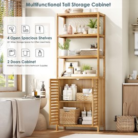 HIFIT Tall Bathroom Storage Cabinet, 66" Bamboo Narrow Bathroom Floor Cabinet with 2 Door & 4-Tier Open Shelves, Corner Tall Cabinets Freestanding Organizer Unit for Bath, Living Room, Entryway,Nature