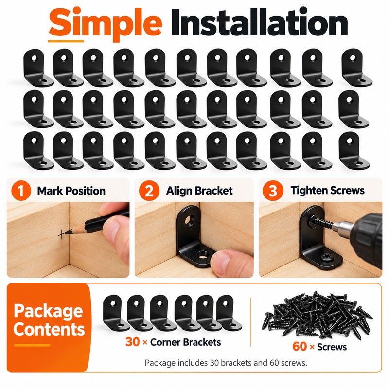 L-Shaped Corner Brackets for Wood Furniture – Black Stainless Steel
