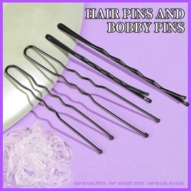 Teenitor 300pcs Hair Pins Bobby Pins Black, 100 Black Bobby Pins 2" 2.75"100 Hair Pins for Women and 100 Clear Hair Bands Kit, U Pins for Buns 2" 2.36"