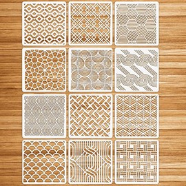 OOTSR 12Pcs Stencil for Crafts Reusable, 15x15cm Plastic Painting Drawing Stencils DIY Stencils Template for Painting on Wood Floor Furniture Wall Art