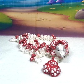 Generic Articulated MusHroom Dragon, 12"" 3D Printed White and Red Mushroom Dragon, Fidget ADHD Sensory Toy, Executive Desk Toy, D036, Large