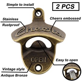 Luwanburg Cheers Bottle Opener Wall Mounted Beer Cap Opener Vintage, Mountable Bottle Cap Opener Antique Bronze Gift for Christmas Party (Pack of 2)