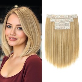 NTYNTY Hair Extensions, 10" Short Clip in Hair Extensions 4PCS Straight Natural Soft Synthetic Hairpiece for Women- Golden Blonde with Highlights