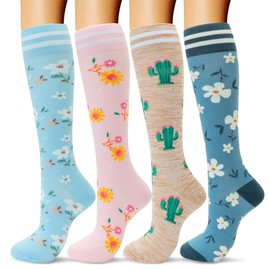 fenglaoda Compression Socks Women Men 4 Pairs, Knee High Support Socks for Running, Sports, Travel, Flight, Nurse