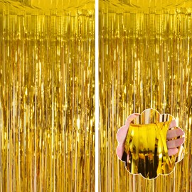 YUKL Gold Curtains Fringe Backdrop Streamers Party Decorations 2Pack 3.3 * 8.2FT Gold Birthday Decorations Tinsel Backdrop Curtains Photo Booth Props for Womens Girls Party Decorations