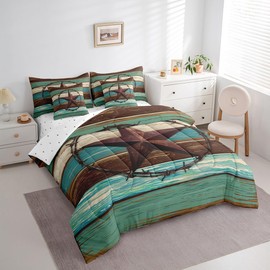 Manfei 7pcs Western Texas Star Comforter Set Full, Green Grey Wooden Plank Bed Set for Kids Boys,Rustic Farmhouse Bedding(1 Comforter,1 Fitted Sheet,1 Flat Sheet,2 Pillowcases,2 Throw Pillow Cover)